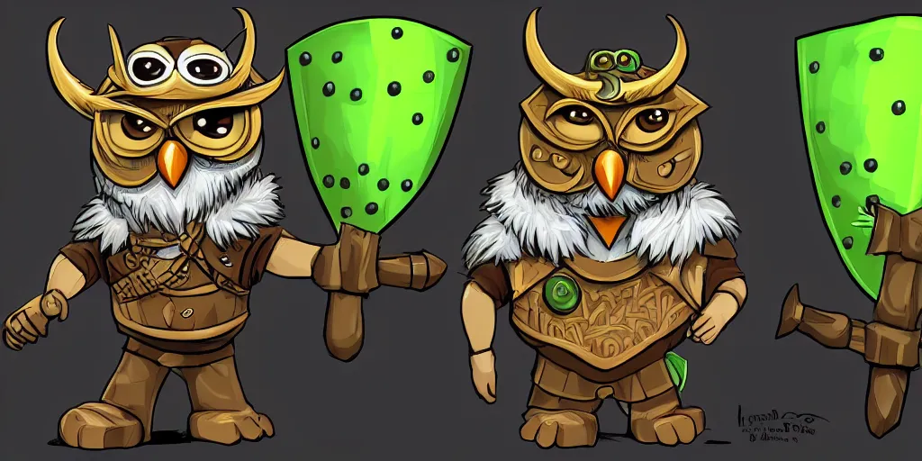 Prompt: An award winning cartoon of an anthropomorphic owl wearing a viking helmet and a green shirt with a shield on the side. Artstation Commission.