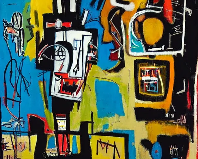 Image similar to painting of a cyborg questioning his reality by graham sutherland, basquiat, neo - expressionism, muted colors!!!