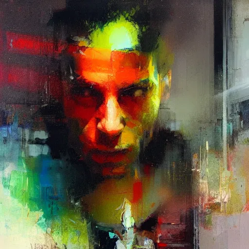 Prompt: abstract painting of a man in bright colours by jeremy mann