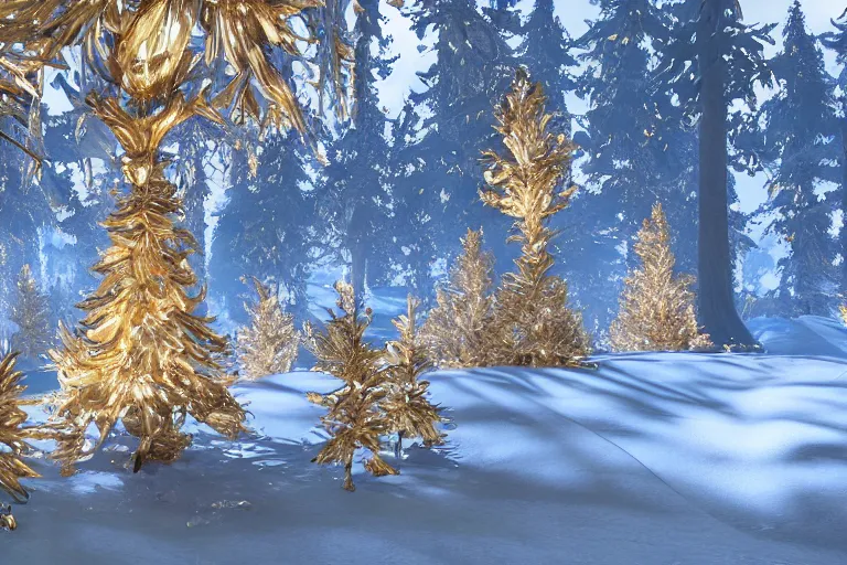 Image similar to crystalized forest with gilded trees and jeweled flowers by unreal engine, photorealistic