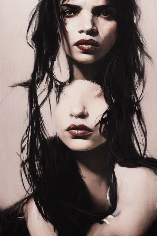 Prompt: Beautiful detailed portrait of Beatrice Dalle by Jeremy Phil Hale and Casey Baugh, trending on pinterest