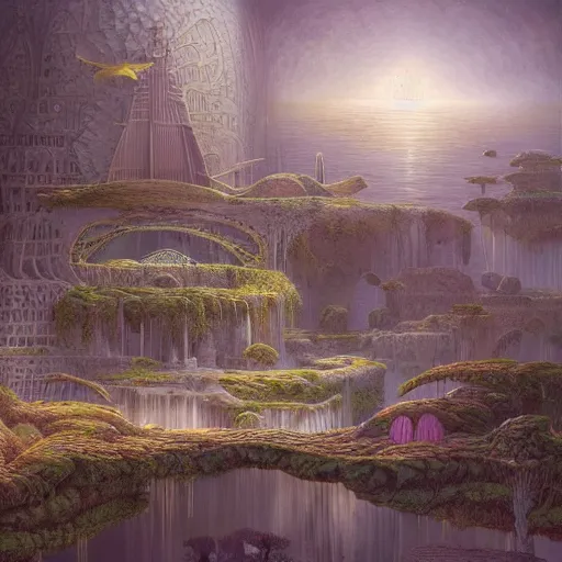 Image similar to a beautiful render of a floating society by hubert robert and daniel merriam and roger dean and jacek yerka, alex grey style, soft lighting