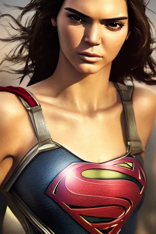 Image similar to a fancy close up of Man of Steel cast as Kendall Jenner by Greg Rutkowski, Sung Choi, Mitchell Mohrhauser, Maciej Kuciara, Johnson Ting, Maxim Verehin, Peter Konig, 8k photorealistic, cinematic lighting, HD, high details, dramatic, trending on artstation, full body shot