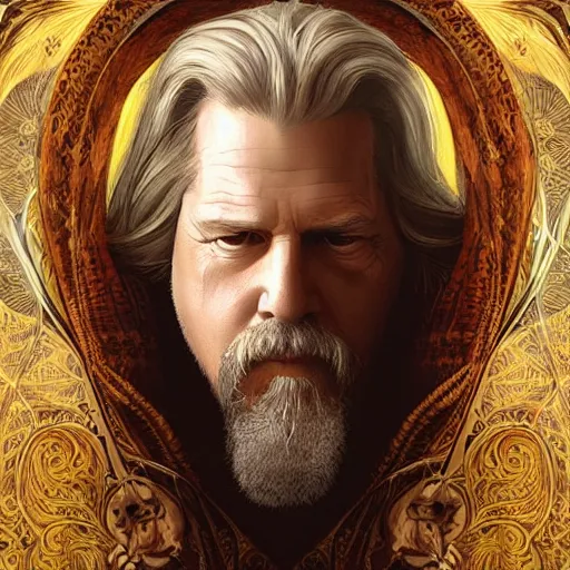 Image similar to portrait of the dude big lebowski, deep focus, rug, d & d, fantasy, intricate, elegant, highly detailed, digital painting, artstation, concept art, matte, sharp focus, illustration, art by artgerm and greg rutkowski and alphonse mucha