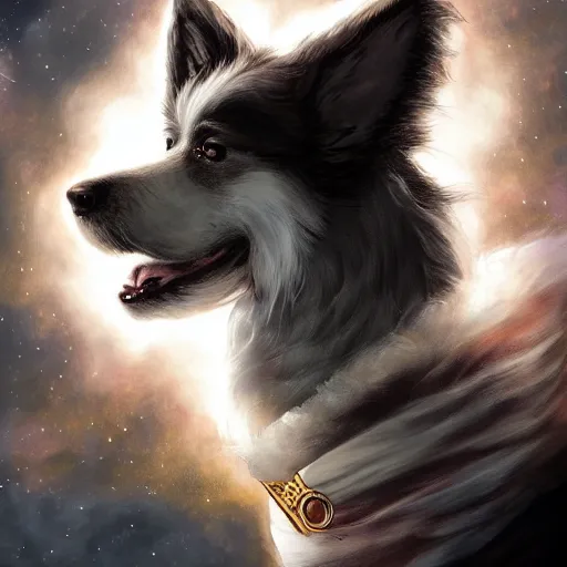 Image similar to fluffy dog, full body, alexander hamilton style, beautiful costume, on stage, dark fantasy, a dark nebula background, concept art, detailed, digital art, trending on art station, mark brooks, 3 - d 4 k