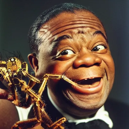 Image similar to louis armstrong winking and holding a giant hairy spider, professional photograph