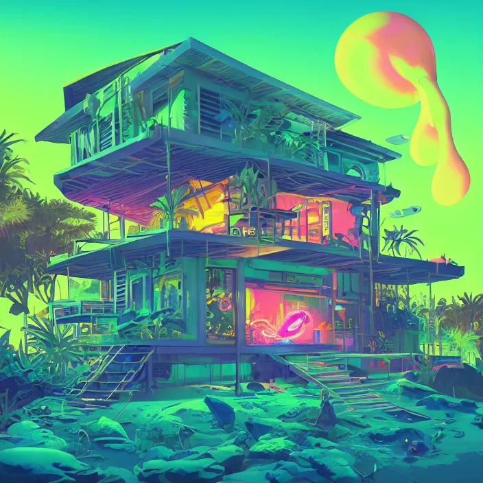 Image similar to a bioluminescent neon tropical cottage by paolo eleuteri serpieri and tomer hanuka and chesley bonestell and daniel merriam and tomokazu matsuyama, unreal engine, high resolution render, featured on artstation, octane, 8 k, highly intricate details, vivid colors, vector illustration