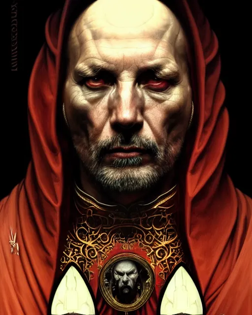 Prompt: realistic wide angle portrait of a nasty bishop, evil, heroic pose, beautiful face, full body, dramatic lighting, intricate, wild, highly detailed, digital painting, artstation, concept art, smooth, sharp focus, illustration, art by artgerm and greg rutkowski and alphonse mucha, footage from space camera