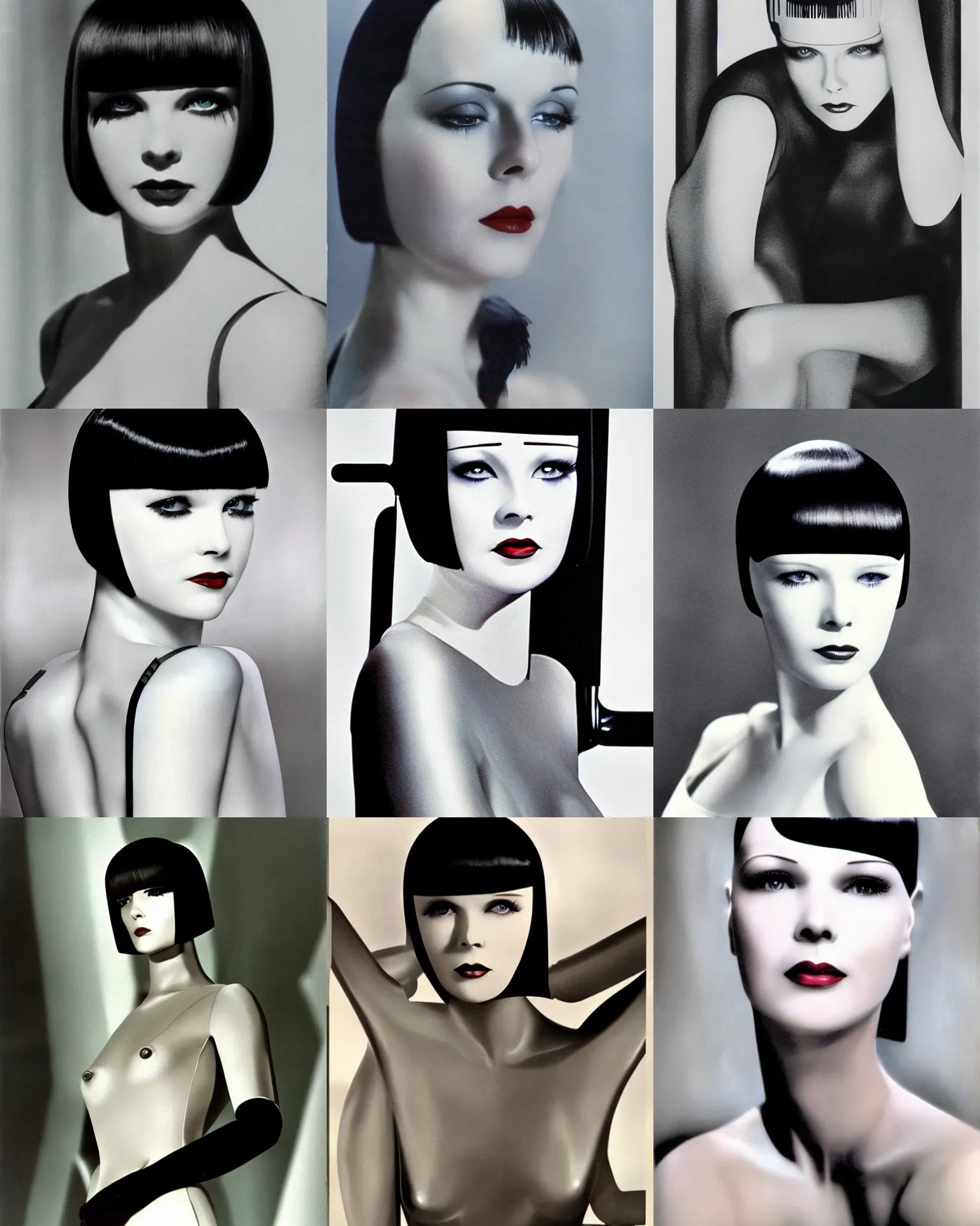 Prompt: mary louise brooks is half robot, chrome skin, 1 9 8 0 s airbrush, clean lines, futuristic, blade runner, microchip die image