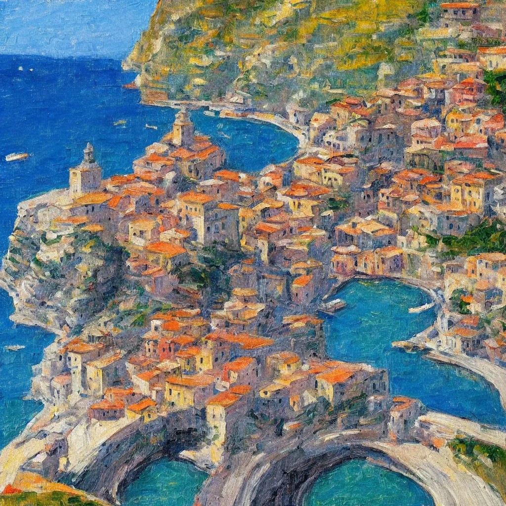 Prompt: By the sea’s edge Atrani, Italy, painted in the style of the old masters, painterly, thick heavy impasto, expressive impressionist style, painted with a palette knife
