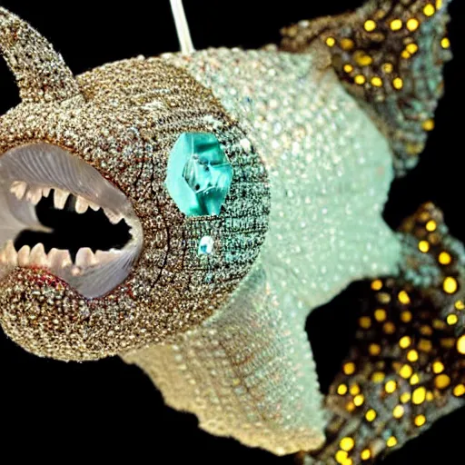 Prompt: A diamond encrusted killer anglerfish with jeweled teeth, dangling a light in front of it, the light is a dollar sign