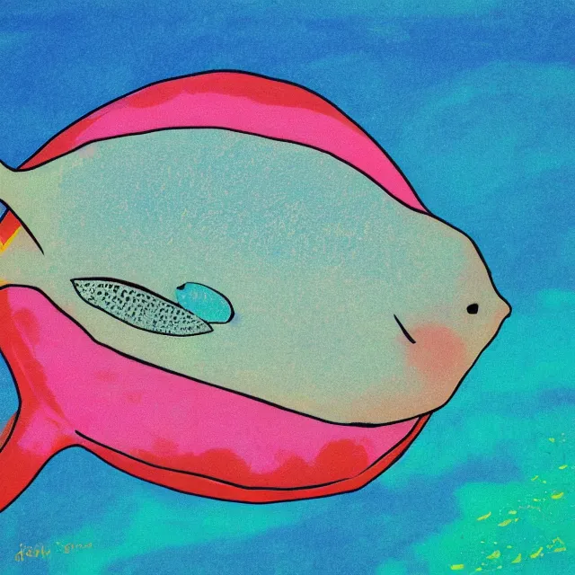 Prompt: ocean sunfish lying on the waves and thinking about life. pop art, pastel color scheme.