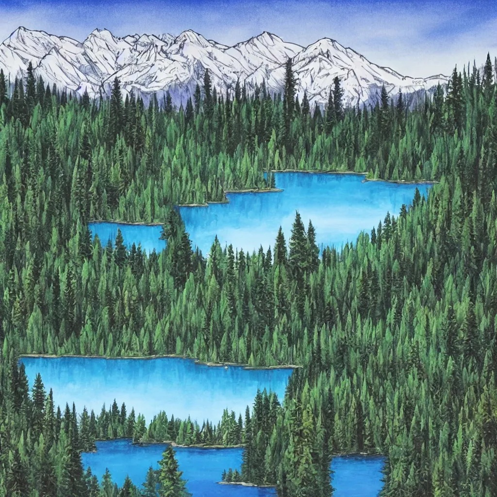 Image similar to a lake surrounded by pine trees with mountains in the background in the style of Bob Ross