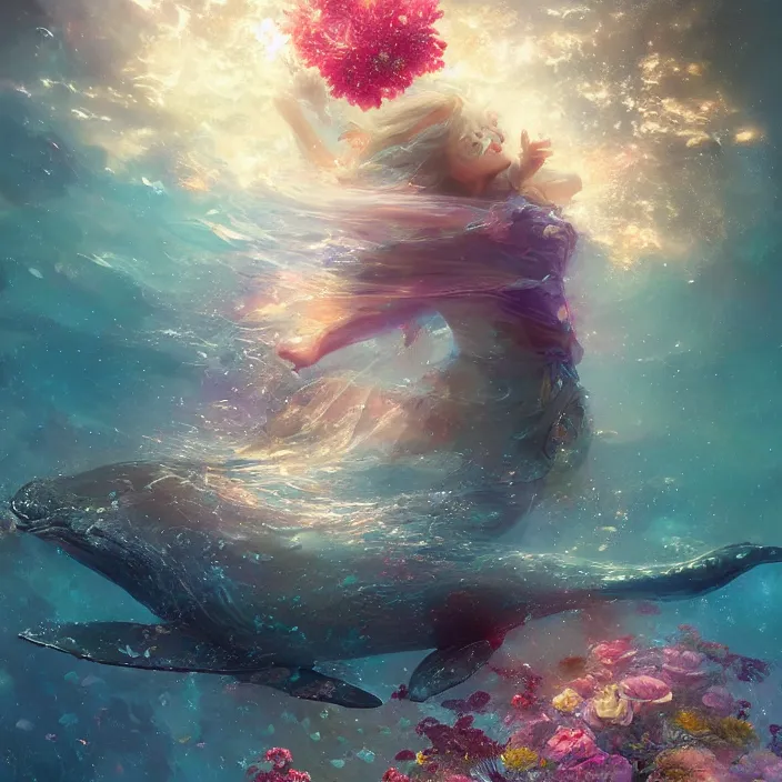 Image similar to glimmering whale, flowing dress, flowers, cosmos, milky way galaxy, golden hour, god rays, coral reef, dreamscape by artgerm and ruan jia and ismail inceoglu and greg olsen, masterpiece, beautiful, intricate, elegant, highly detailed