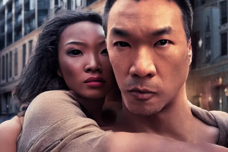 Image similar to movie powerful mutant heroes interracial couple closeup, DC Marvel fashion, Asian, black, Russian, VFX powers at night in the city, city street, beautiful skin, natural lighting by Emmanuel Lubezki