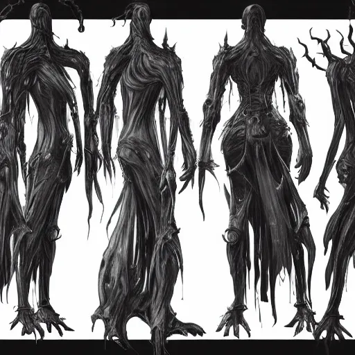 Image similar to various character sheets from an art book with character designs for a tall character with humanoid long arms and a vampire squid for a head made from dark wispy smoke with a wraith like appearance that is bound in chains at the wrists made as an enemy in the resident evil video game franchise high resolution rtx ultrarealistic