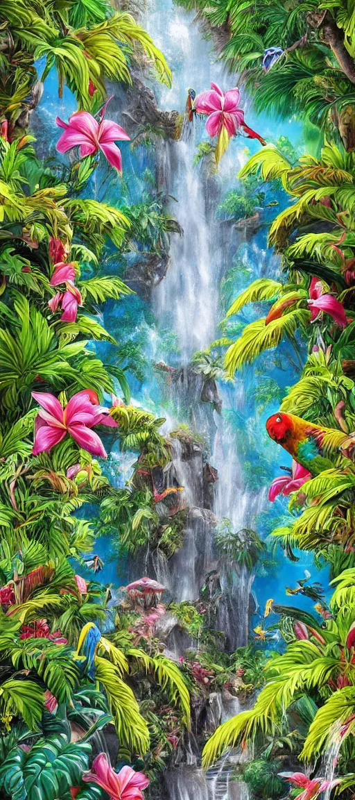 Image similar to cascading concept art of an exotic garden with waterfall pools, macaw parrots flying, flowers and palm trees, plumeria, detailed, highly detailed, aesthetic, realistic, hyper realism, colorful, in depth, intricate,
