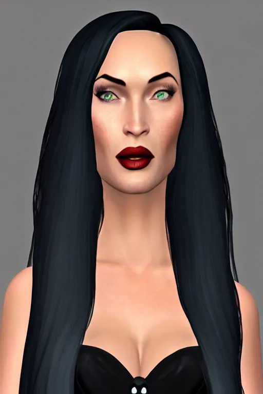 Image similar to megan fox as morticia addams, second life avatar, the sims 4