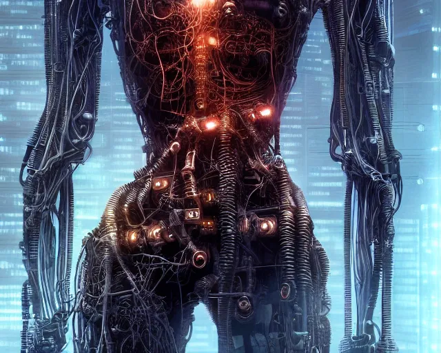 Image similar to photo of a biomechanical torso of a cyborg plugged into a quantum computer with cables and wires. cyberpunk horror style. art by luis royo. highly detailed 8 k. intricate. nikon d 8 5 0 5 5 mm. award winning photography.