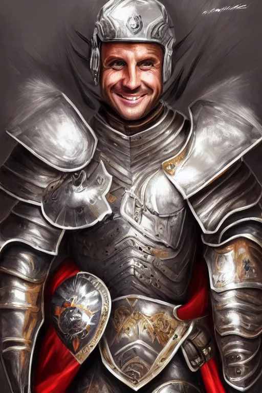 Prompt: emmanuel macron smiling while wearing armour, highly detailed, digital art, sharp focus, trending on art station