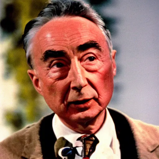 Prompt: color photo of robert oppenheimer giving ted talk