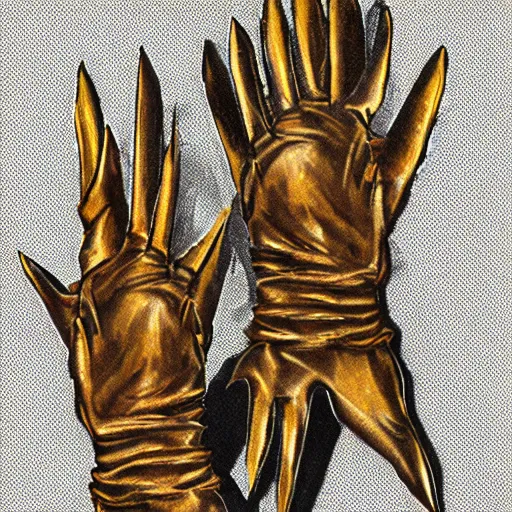 Image similar to metal claws on gloves, old leather gloves with attached talons, pointy fingertips, dark background, highly detailed, 8 k, trending on artstation, mystic, rpg artwork, by peter jackson, by sauron