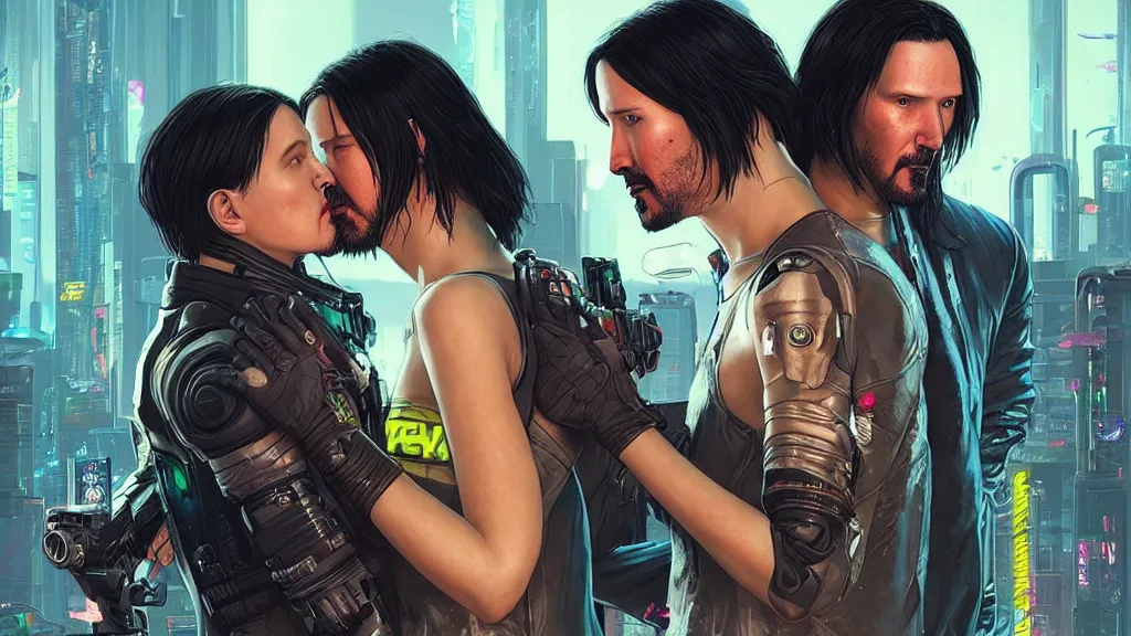 Image similar to a cyberpunk 2077 couple portrait of one Keanu Reeves and one female android final kiss,love,film lighting,by Laurie Greasley,Lawrence Alma-Tadema,Andrei Riabovitchev,Dan Mumford,John Wick,Speed,Replicas,artstation,deviantart,FAN ART,full of color,Digital painting,face enhance,highly detailed,8K,octane,golden ratio,cinematic lighting