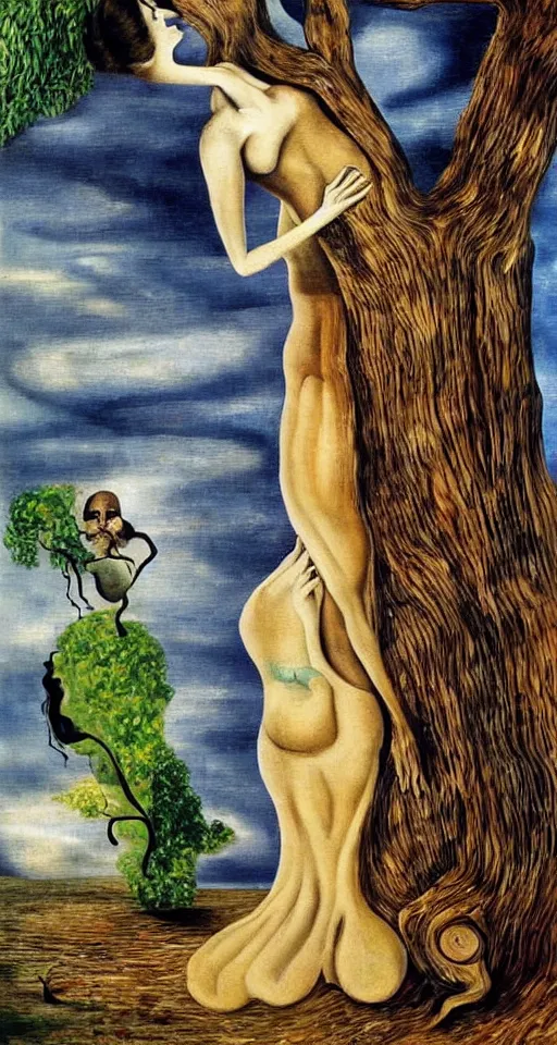 Prompt: Marie Curie hugging a tree, surreal oil painting by Salvador Dalí