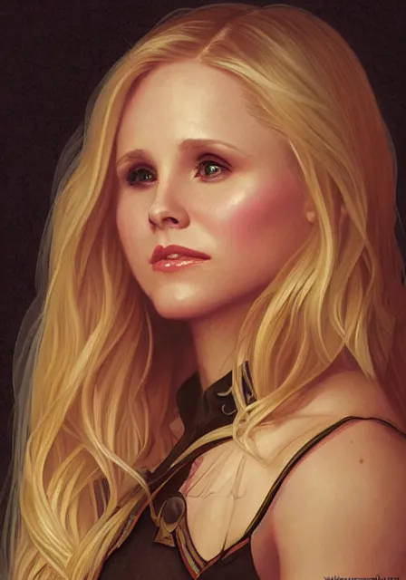 Image similar to kristen bell as buffy the vampire slayer, intricate, elegant, highly detailed, digital painting, artstation, concept art, smooth, sharp focus, illustration, art by artgerm and greg rutkowski and alphonse mucha and william - adolphe bouguereau