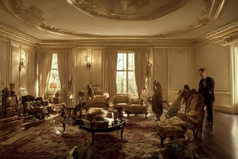 Prompt: cinematography of detectives investigating a crime scene in an decadent mansion foyer by Emmanuel Lubezki