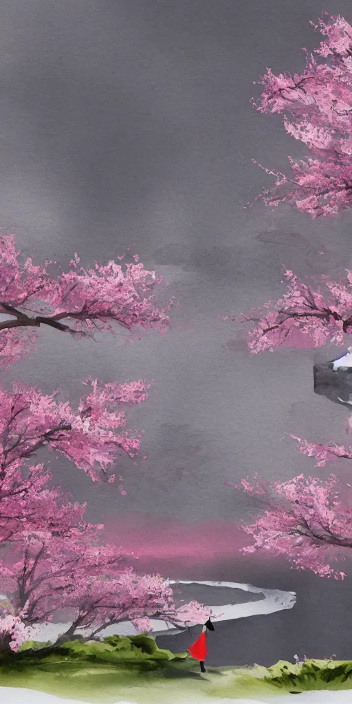 Image similar to A lone samurai watching over a valley of cherry blossom trees, water color painting, concept art, HD