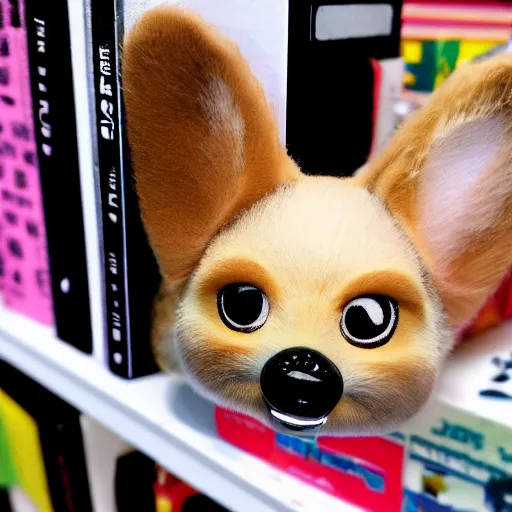 Image similar to award - winning photograph of a cute corgi furby toy on a store shelf