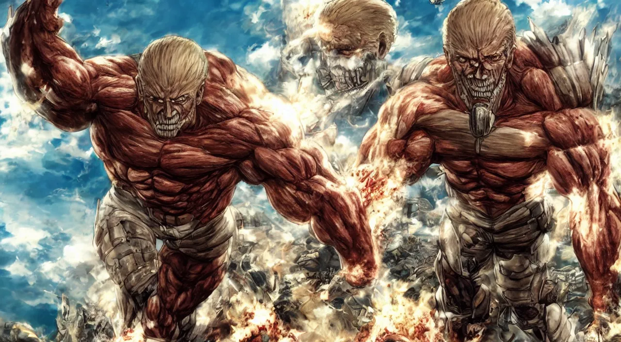 Prompt: joe biden, as the armored titan, kicking a florida mansion, attack on titan, anime key visual, wit studio official media, beachfront mansion, huge smashed mansion, giant kicking foot, smoke and rubble