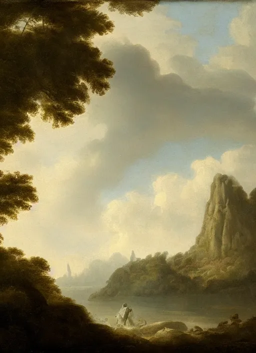 Image similar to a colossus in the distance of a landscape, atmospheric perspective