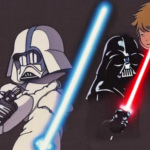 Prompt: Studio Ghibli Luke Skywalker vs Darth Vader lightsaber duel