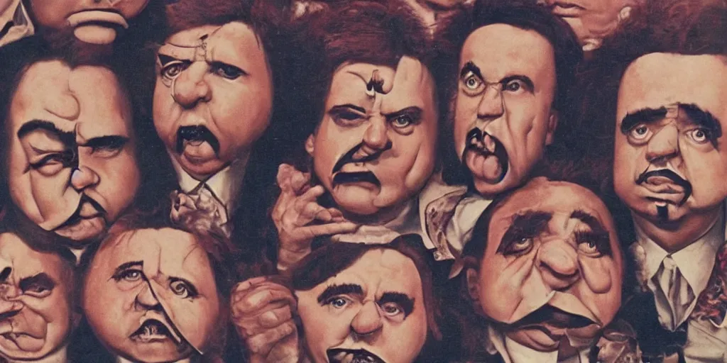 Image similar to midget band with faces on their chest, 1980s surrealism aesthetic, detailed facial expressions