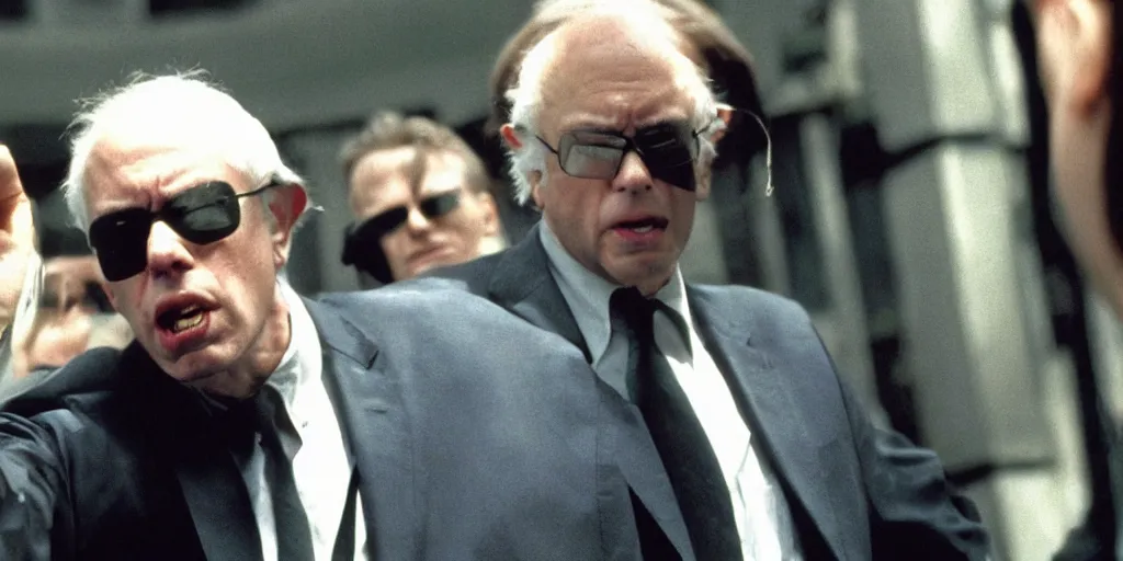 Image similar to Bernie Sanders as Neo in the Matrix, fighting Agent Smith, in screenshot from the Matrix movie