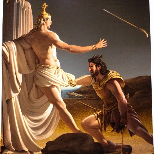 Prompt: athena talking with odysseus, laughing and nodding, photorealistic, prizewinning photo, ultradetailed, golden hour lighting