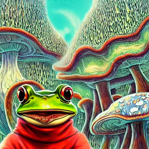 Image similar to A close up portrait of a dignified psychedelic godlike anthropomorphic frog smoking an anime blunt , magic mushroom village in background . award winning. superb resolution. in the art style of junji Ito and greg rutkowski . Detailed Mushroom city in background. Hyper realistic anime. Perfect art. Dalle2