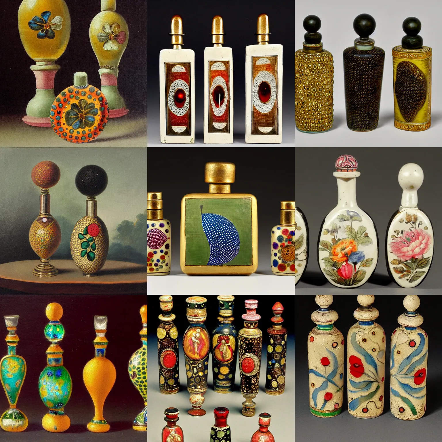 Prompt: dot art by benday, 1 8 th century perfume bottles, oil painting