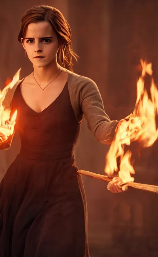 Prompt: Emma Watson casting a fire spell. Character designt trending on gsociety. 4k. Moody light.