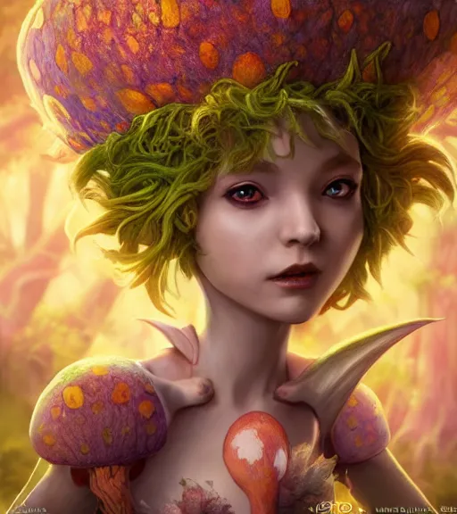 Prompt: An epic fantasy comic book style portrait painting of an extremely cute and adorable very beautiful mushroom imp fairy dryad, character design by Mark Ryden and Pixar and Hayao Miyazaki, unreal 5, DAZ, hyperrealistic, octane render, cosplay, RPG portrait, dynamic lighting, intricate detail, spring vibrancy, cinematic