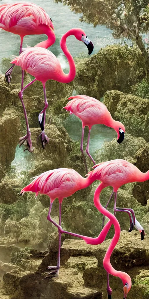 Image similar to a flamingo with 8 legs climbing a tree between the ruins of atlantis 4 k