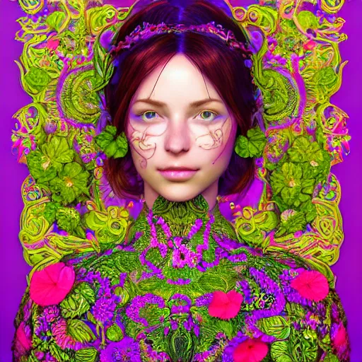 Image similar to the portrait of an absurdly beautiful, graceful, elegant, sophisticated woman made of strawberries and green petals, an ultrafine hyperdetailed illustration by irakli nadar, intricate linework, bright colors, octopath traveler, final fantasy, unreal engine 5 highly rendered, global illumination, radiant light, detailed and intricate environment