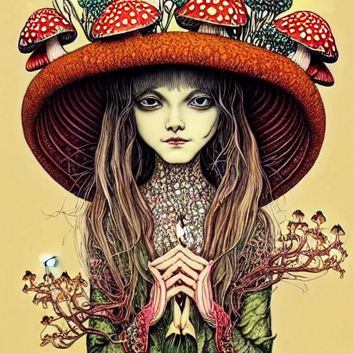 Prompt: portrait of mushroom princess painted in jacek yerka style drawn by vania zouravliov and takato yamamoto, inspired by fairy tales, intricate acrylic gouache painting, high detail, sharp high detail, artstation