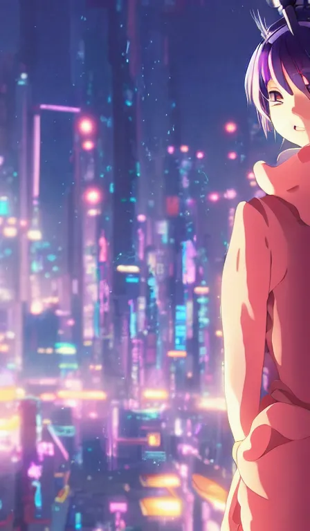 Image similar to anime fine details portrait of Sakuna in front of cyberpunk moder city landscape on the background deep bokeh, close-up view, anime masterpiece by Studio Ghibli. 8k, sharp high quality anime, artstation