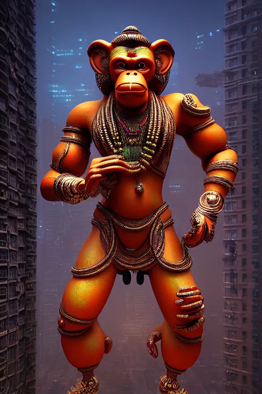 Image similar to high quality 3 d render neo - rococo cyberpunk hanuman! head building, neon madhubani, highly detailed, in sci - fi mumbai, cinematic smooth unreal engine, lee madgwick & liam wong, dramatic light, low angle, uhd 8 k, sharp focus