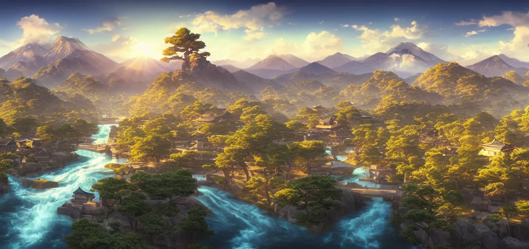 Image similar to epic view of beautiful ancient japanese city, clear blue skies, winding rivers, there are mountains and hills in the far background distance, unreal engine, dramatic lighting, detailed, ambient occlusion, global illumination, god rays, 3 d artstation render by greg rutowski and jessica rossier