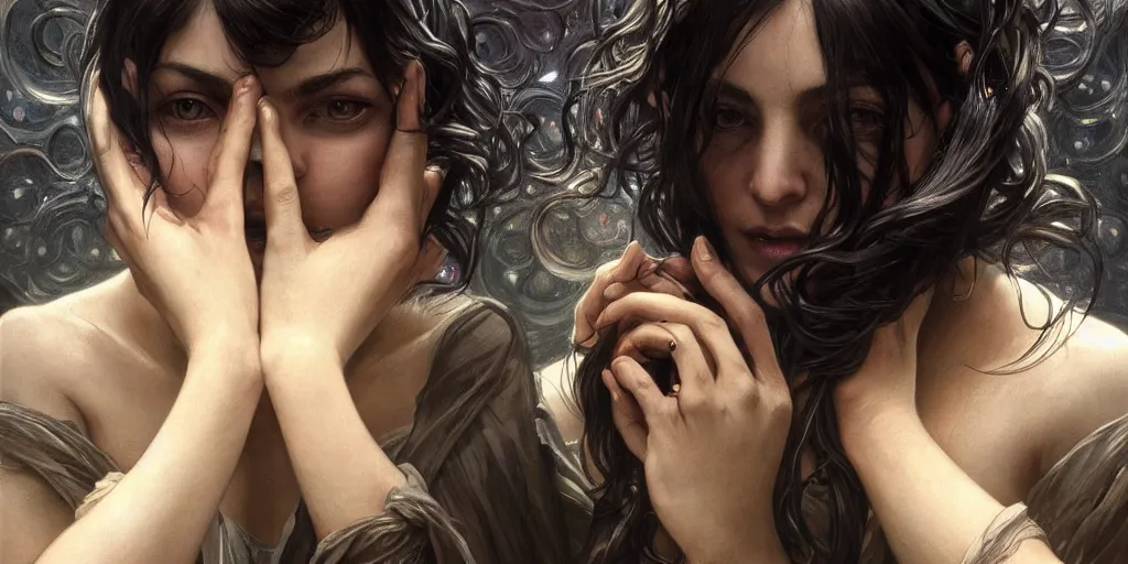 Prompt: many hands, gnarled fingers, intense black eyes, intense black hair, many mouths, just hands and eyes and mouths, intense lighting, light beams, lens flare, intricate, elegant, highly detailed, digital painting, artstation, concept art, smooth, sharp focus, illustration, art by artgerm and greg rutkowski and alphonse mucha