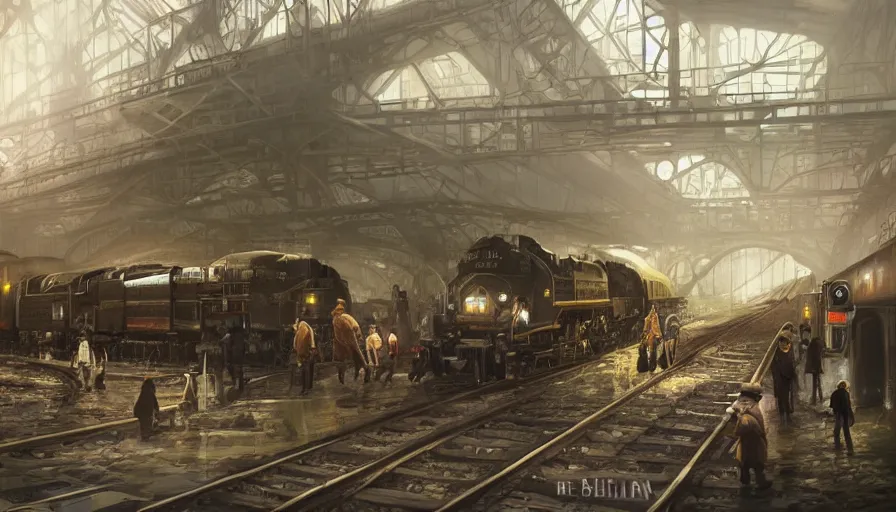 Image similar to Dieselpunk railway station, steam, epic composition, diesel trains, intricate, elegant, volumetric lighting, digital painting, highly detailed, artstation, sharp focus, illustration, concept art, ruan jia, steve mccurry